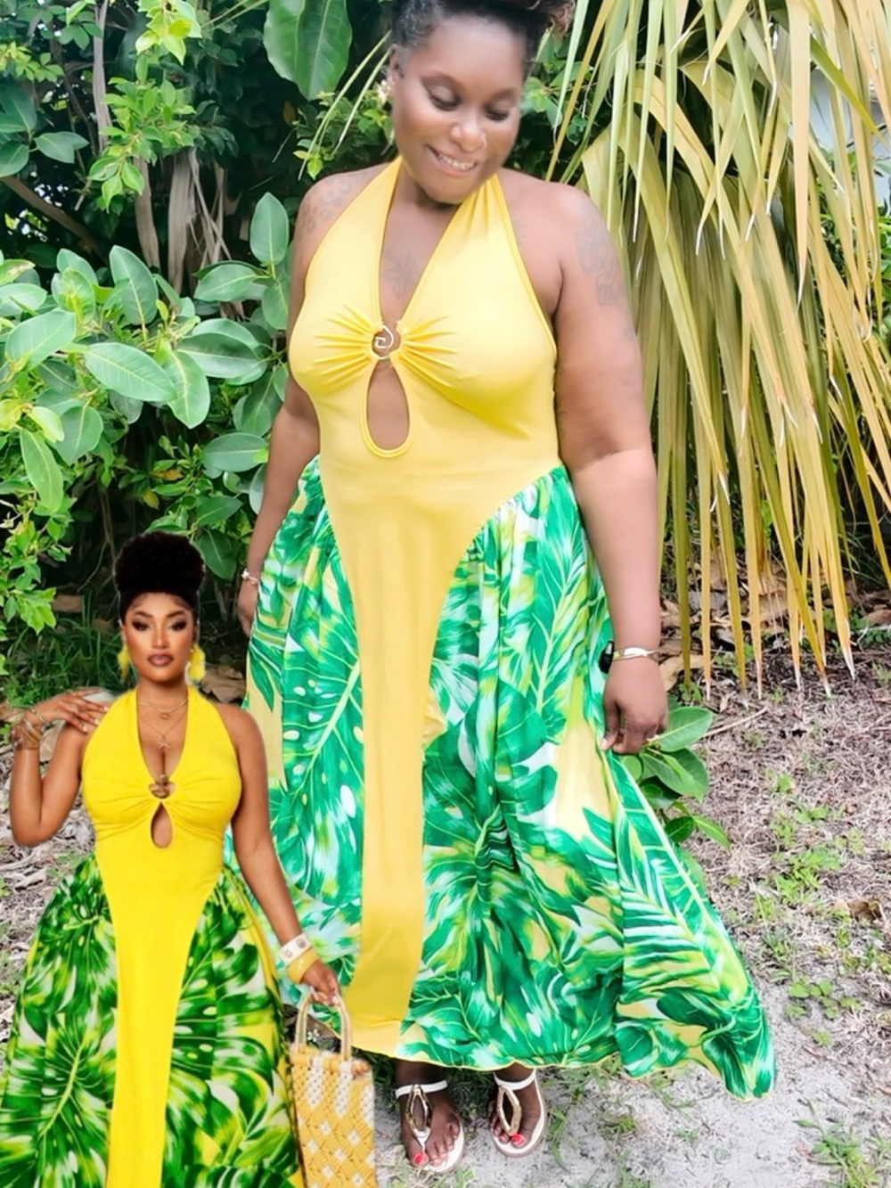 SHEIN Yellow Halter Maxi Dress with Green Tropical Print